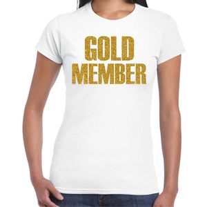 Bellatio Decorations Verkleed T-shirt dames - gold member - wit - glitter goud - fout/goud/stout XS