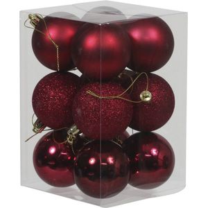 12x Donkerrode kunststof kerstballen 6 cm - Glans/mat/glitter - Onbreekbare plastic kerstballen donkerrood