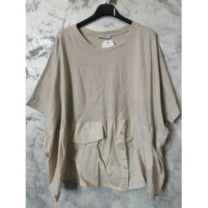 Katoenen boho dames brede top in BEIGE kleur met korte mouwen maat 46/48