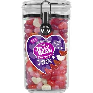 The Jelly Bean Factory Heart Beats in Snoeppot Cadeau - Gevuld met Hartvormige Jelly Beans - Hartjes Snoep - 5 Verschillende Smaken - Candy jar 650 g - Hartjes - Liefde - Liefdes cadeau - Moederdag cadeau