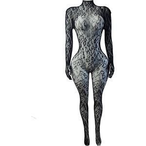 BamBella ® - Panty pak -Onesize - body suit - Dames - Onesize - Erotische jumpsuit van kant lingerie Zwart met handschoenen lange mouwen panterprint
