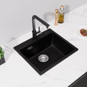 CECIPA max Spoelbak Met Kraangat 50x45cm - Granieten Spoelbakken Keuken - Graniet spoelbak - Enkele spoelbak - Spoelbakken met afdruip - Antraciet