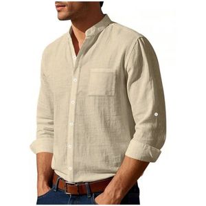 Livano Linnen Blouse Heren - t shirt - Polo - Overhemd - Shirt - Zomer - Ibiza Stijl - Khaki - Maat S