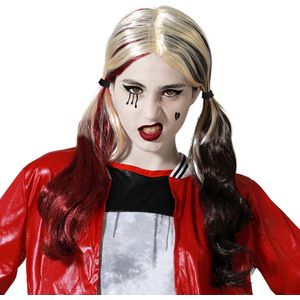 Atosa Halloween verkleedpruik lang haar met staartjes - zwart/blond/rood - dames