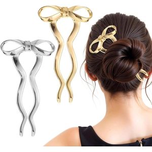 2pcs Metal French Hairpin U-shaped Updo Hairpins For Long Thick HairBig Bow 2 Long Prong Bun Twist Hair Sticks French Twist Hair Pin For Women Buns