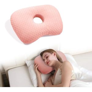 Hoofdkussen - slaapkussen - Oorpiercing kussen - Ergonomisch contour - met gat voor CNH en oorpijn, ontsteking, doorligwonden voor zijslapers, katoenen en polyester zijslaperkussen, wasbaar en verstelbaar oorbeschermingskussen, Roze