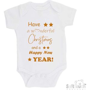 100% katoenen Romper ""Have a wonderful Christmas and a happy New year!"" Kerst Kerstmis Nieuwjaar Unisex Katoen Wit/tan Maat 62/68