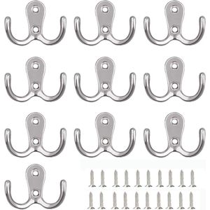 Dubbele haak - 10 Stuks - Industrieel-Dubbele - Incl Schroeven - Jashaak - Badkamer - Keuken - Kapstokhaak - Ophanghaken - Dubbele haak - 5.5x4.1cm