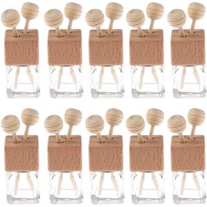 10-pack, 8 ml heldere glazen auto-luchtverfrisser met clip en diffuser, lege etherische olie-parfumflesjes en diffuser-ventilatieopening, dik glazen ornament met houten doppen, GRATIS trechter, druppelaar