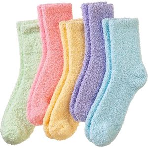 Dames Pluche Pantoffelsokken - 5 paar - Zachte en comfortabele winter pluche sokken - Slaapkamer vloer sokken - Antislip sokken - Warme slaapsokken - Koraal fleece sokken - Verdikte warme fleece sokken -Lichtblauw -Lichtroze -Paars - Lichtgroen -Wit