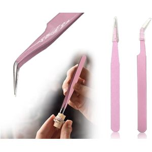 2 stuks roestvrijstalen precisie antistatische pincetten - rechte en gebogen punten - voor wimperverlenging (roze)