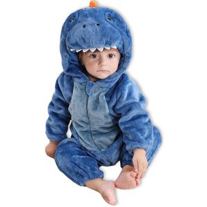 Blauwe Dino Baby Dieren romper Verkleedpak – Peuter CarnavalKostuum – Onesie Kinderen 6 maanden tot 2 jaar – Flanel – Voor Kerstmis, Sinterklaas Cadeau – Jongen & Meisjes - Jumpsuit – Pyjama of Boxpak – Kruippak – Perfect kraamCadeau – Bruin