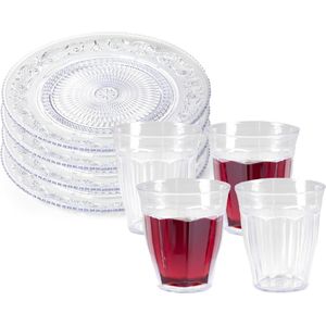 Plasticforte camping servies van kunststof - 8x dinerborden 25 cm en 8x drinkbekers 250 ml - transparant - onbreekbaar