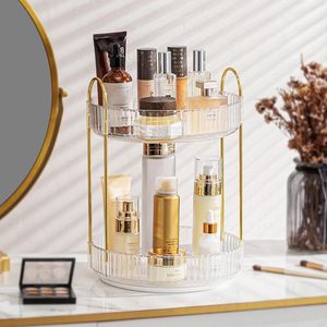 Make-up cosmetische organizer, 360° roterende kaptafel-organizer, huidverzorging schoonheidsorganizer, make-upopslag voor slaapkamer, badkamer (wit, 2-laags)