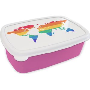 Broodtrommel Roze - Lunchbox - Brooddoos - Wereldkaart - Pride vlag - Regenboog - 18x12x6 cm - Kinderen - Meisje