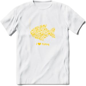 I Love Fishing - Vissen T-Shirt | Geel | Grappig Verjaardag Vis Hobby Cadeau Shirt | Dames - Heren - Unisex | Tshirt Hengelsport Kleding Kado - Wit - 3XL