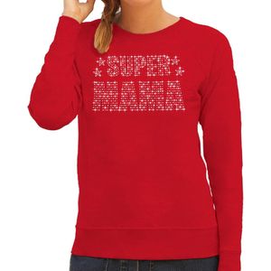 Glitter Super Mama sweater rood met steentjes/ rhinestones voor dames - Moederdag cadeaus - Glitter kleding/ foute party outfit L