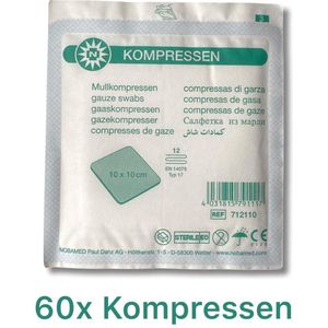 Noba - Kompressen - Gaaskompressen - Steriele Gaasjes - 12 Laags -10 x 10 cm - 60 Stuks