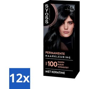 12 x SYOSS - Coloration 1-1 Zwart - Haarverf - Grijsdekking - Vermindert Haarbreuk - Permanente Haarkleuring - Haarkleur - Grijsdekking - Keratine - Haarmasker