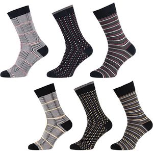 Sokken Heren - 6 Paar - Stippen/Strepen/Geruit - Zwart 40-46
