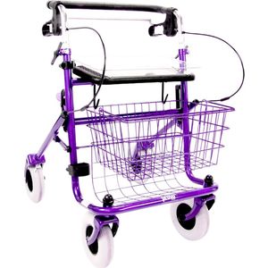 Premis Provo Rollator 2e generatie - Duwstang met beugel-loop-rem onder - Incl mand, stokhouder en dienblad - Metallic Paars