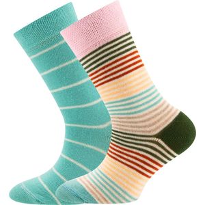 2-Pack Kindersokken Ewers - Set van 2 paar - Aqua/Turquoise Gestreept en Multicolour Streepjes-23/26