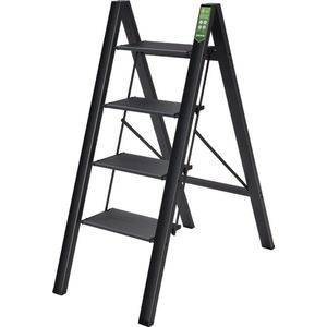 Inklapbare opstapkruk - aluminium ladder met 4 treden en brede anti-slip voetstuk. Draagbaar, licht en stabiel met 150 kg draagvermogen. Ideaal voor thuis, kantoor en keuken zwart