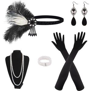8-delige jaren 20 Flapper Great Gatsby accessoireset Fashion Roaring 20's themaset met hoofdband, hoofdbedekking, lange zwarte handschoenen, halsketting, oorbellen voor vrouwen