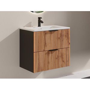Vente-unique Hangmeubel voor badkamer met inbouwwastafel - Licht naturel en zwart - 60 cm - MADELA L 60 cm x H 57 cm x D 46 cm