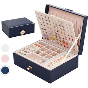 Sieradendoos - Sieradendoosje 2-niveaus sieradenkoffer grote opslag make-uptafel organizer ringen oorbellen halskettingen horloges dames meisjes blauw