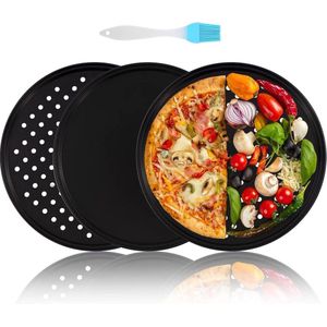 Pizzaovenbak met 3 pizzapannen 32 cm - koolstofstaal - anti-aanbaklaag - pizzabakplaat - pizza scherper pan - thuis keuken oven - twee gaten en een niet-gat pan pizza