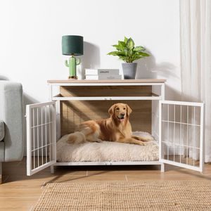Navaris Hondenbench meubel voor binnen - Maximaal 30 kg - Tafel en hondenkooi in 1 - Hondenkennel voor binnen - Zachte en comfortabele mat - Wit/beige