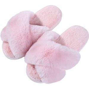 Warm Vrouwen pantoffels-Pluche Cross Strap, winter zacht antislip Vrouwen bont pantoffels, geschikt voor binnen en buiten-Roze Geschikt voor maat 42/43