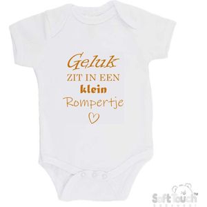 100% katoenen Romper ""Geluk zit in een klein rompertje"" Unisex Katoen Wit/tan Maat 62/68