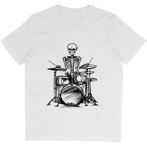 T Shirt met Grappige Skelet Drummer Print - Wit - Maat S
