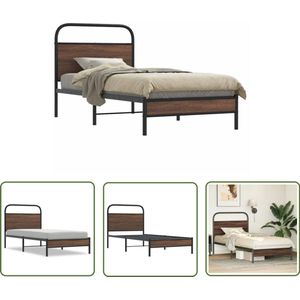 The Living Store Bedframe zonder matras bewerkt hout bruin eikenkleur 90x200 cm - Robuust Bed Frame - Houten Bed Frame - Staal Bed Frame - Tweepersoons Bed - Enkel Bed