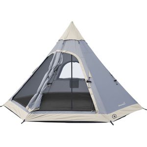 Skandika Hetta 335 Protect Tipi Tent – Tipi-tenten - Campingtent – Voor 4 personen – Muggengaas – 200 cm stahoogte – 335 cm diameter – Ingenaaide tentbodem – Indische tent, Partytent, Festivaltent – Outdoor, Camping, Tuin – Kamperen – grijs/beige