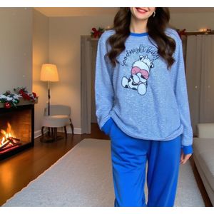 Damespyjama - 100% katoen - Maat XL - Perfect voor elk seizoen! - Met een schattige koeiendesign en de lieve tekst ""Goodnight Baby"".