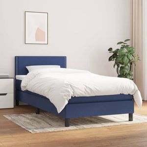 The Living Store Boxspringbed - Pocketvering - Middelharde ondersteuning - 90 x 200 cm - Blauw - Hoogte verstelbaar hoofdbord - Inclusief matras en topmatras