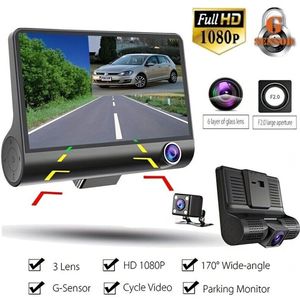 Driekanaals front- en achterdashcam met ingebouwd IPS-scherm, 1080P Full HD