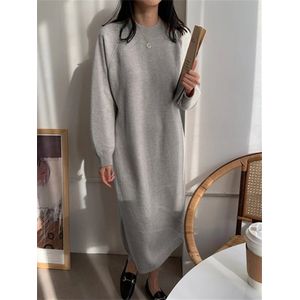 Dames Gebreide O-hals Jurk Herfst Winter 2024 – Casual Oversized Lange Mouw Trui, Rechte Lange Jurk, Zwarte / Grijze / Beige Gebreide Jurk voor Dames, Mode Dames Jurk 2024