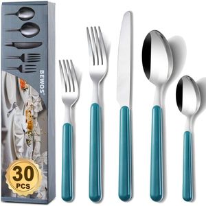 Cutlery Set for 6 People, 30-Piece Cutlery Set Blue Including Knife, Fork, Spoon, Coloured Handles Camping Cutlery, Dishwasher Safe, 2331-30p Dark Blue Cutlery Sets