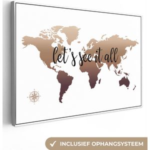 Canvas Wereldkaart - 180x120 - Wanddecoratie Wereldkaart - Bruin - Kompas