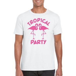 Bellatio Decorations Tropical party T-shirt heren - met glitters - wit/roze - carnaval/themafeest XXL