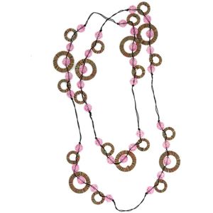 Behave Lange ketting - met roze kralen en rondjes van touw in multi kleur 130 cm