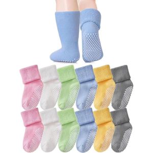Baby Sokken - 6 Paar - Katoen - Baby Sokjes - Antislip Sokken - Warme Sokken Kind - Dreumes Sokken - Veelkleurig - Maat M - 1-3 Jaar - Enkelsokken - Gevoerde Sokken - Baby Slofjes - Slofsokken Baby - Kraam Cadeau - Baby Cadeau