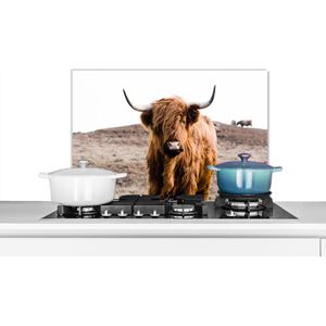 Spatscherm Keuken - Kookplaat Achterwand - Spatwand Fornuis - 60x40 cm - Schotse hooglander - Landschap - Koe - Stier - Bruin - Dieren - Natuur - Aluminium - Wanddecoratie - Muurbeschermer - Hittebestendig