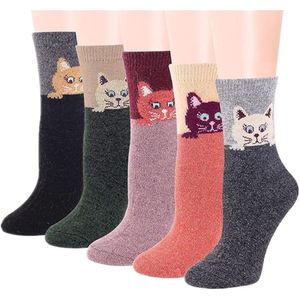 Huissokken - Wintersokken - 5 Paar - Thuissokken - Huissokken Dames en Heren - Verwarmde sokken - Fleece Sokken - Dikke Sokken - Slofsokken - Warme Sokken - Bedsokken - Gevoerde Sokken - Winter Sokken - Cadeautip - KerstCartoon kat, eenmaat