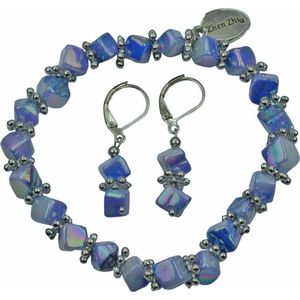 Parelmoeren set Shell Cube AB Blue - armband + oorbellen - parelmoer - edelstaal - blauw - zilver - elastisch