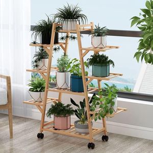 Planter Stand Indoor 9 Tier Plant Ladder- Bamboo Flower Shelf- Flower Pot Stand on Wheels- Garden Pots Shelving Storage Rack- Indoor Outdoor Home Patio Garden Balcony